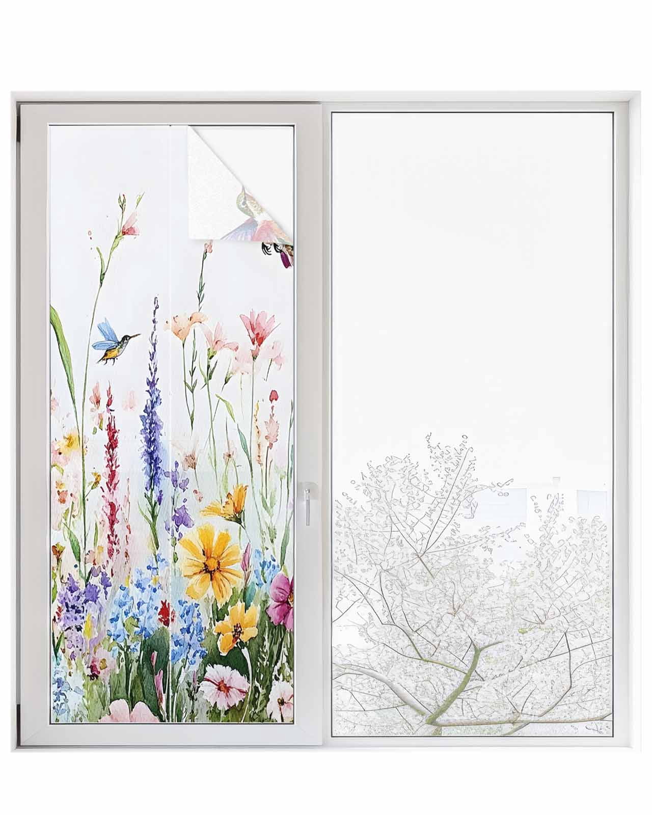 Window Privacy Film Hummingbird Floral Stained Glass Window Film Decorative Sun Block Window Cover Farmhouse Floral Botanical Window Clings Static Adhesive Sticker for Bathroom 29.5"x78.7"