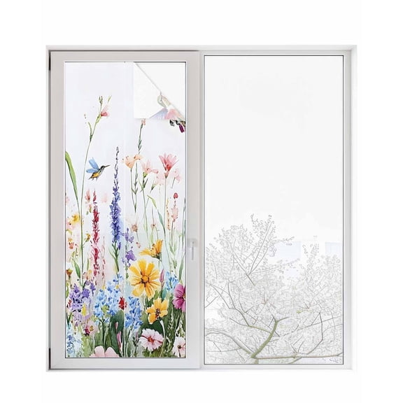 Window Privacy Film Hummingbird Floral Stained Glass Window Film Decorative Sun Block Window Cover Farmhouse Floral Botanical Window Clings Static Adhesive Sticker for Bathroom 29.5"x78.7"