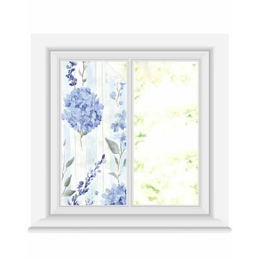 Window Privacy Film Hydrangea Leaves Stained Glass Window Film Decorative Sun Block Window Cover Blue Striped Botanical Floral Window Clings Static Adhesive Sticker for Bathroom 17.7"x39.3"