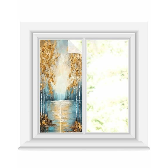 Window Privacy Film Impressionist Oil Painting Stained Glass Window Film Decorative Sun Block Window Cover Modern Tree Spring Summer Window Clings Static Adhesive Sticker for Bathroom 17.7"x39.3"