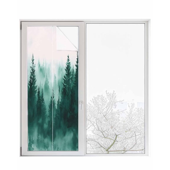 Window Privacy Film Ink Green Forest Stained Glass Window Film Decorative Sun Block Window Cover Ombre Tree Abstract Art Window Clings Static Adhesive Sticker for Bathroom 23.6"x59"