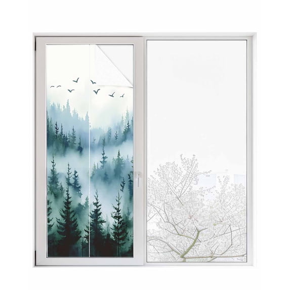 Window Privacy Film Ink Green Ombre Forest Stained Glass Window Film Decorative Sun Block Window Cover Abstract Art Watercolor Tree Window Clings Static Adhesive Sticker for Bathroom 29.5"x78.7"