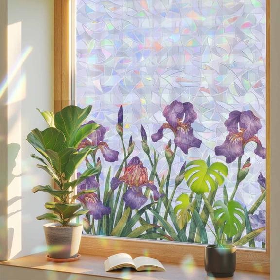 Window Privacy Film Iris Flowers Stained Glass Window Film Floral Purple Buffalo Plaid Rainbow Static Window Clings for Glass Windows Home Bathroom Living Room Office Glass Door Sticker 17.7"39.3"