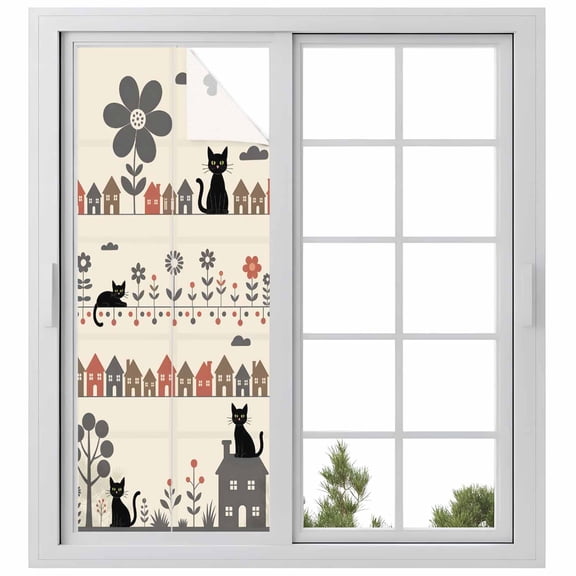 Window Privacy Film Japanese Style Stained Glass Window Film Decorative Sun Block Window Cover Vintage Cartoon Cat House Trees Flowers Window Clings Static Adhesive Sticker for Bathroom 23.6"x59"