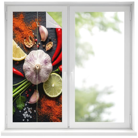 Window Privacy Film Kitchen Food Stained Glass Window Film Decorative Window Cover Garlic Chili Coriander Lemon Vegetable Cooking Window Clings Static Adhesive Sticker for Bathroom 17.7"x39.3"