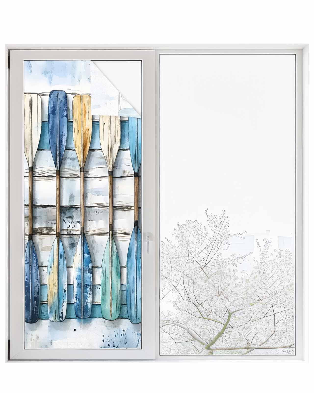 Window Privacy Film Lake Paddle Striped Stained Glass Window Film Decorative Sun Block Window Cover Watercolor Vintage Wood Grain Window Clings Static Adhesive Sticker for Bathroom 23.6"x59"