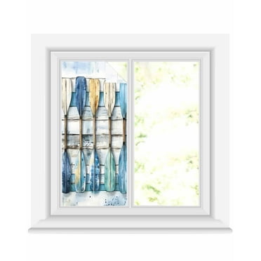 Window Privacy Film Lake Paddle Striped Stained Glass Window Film Decorative Sun Block Window Cover Watercolor Vintage Wood Grain Window Clings Static Adhesive Sticker for Bathroom 17.7"x39.3"