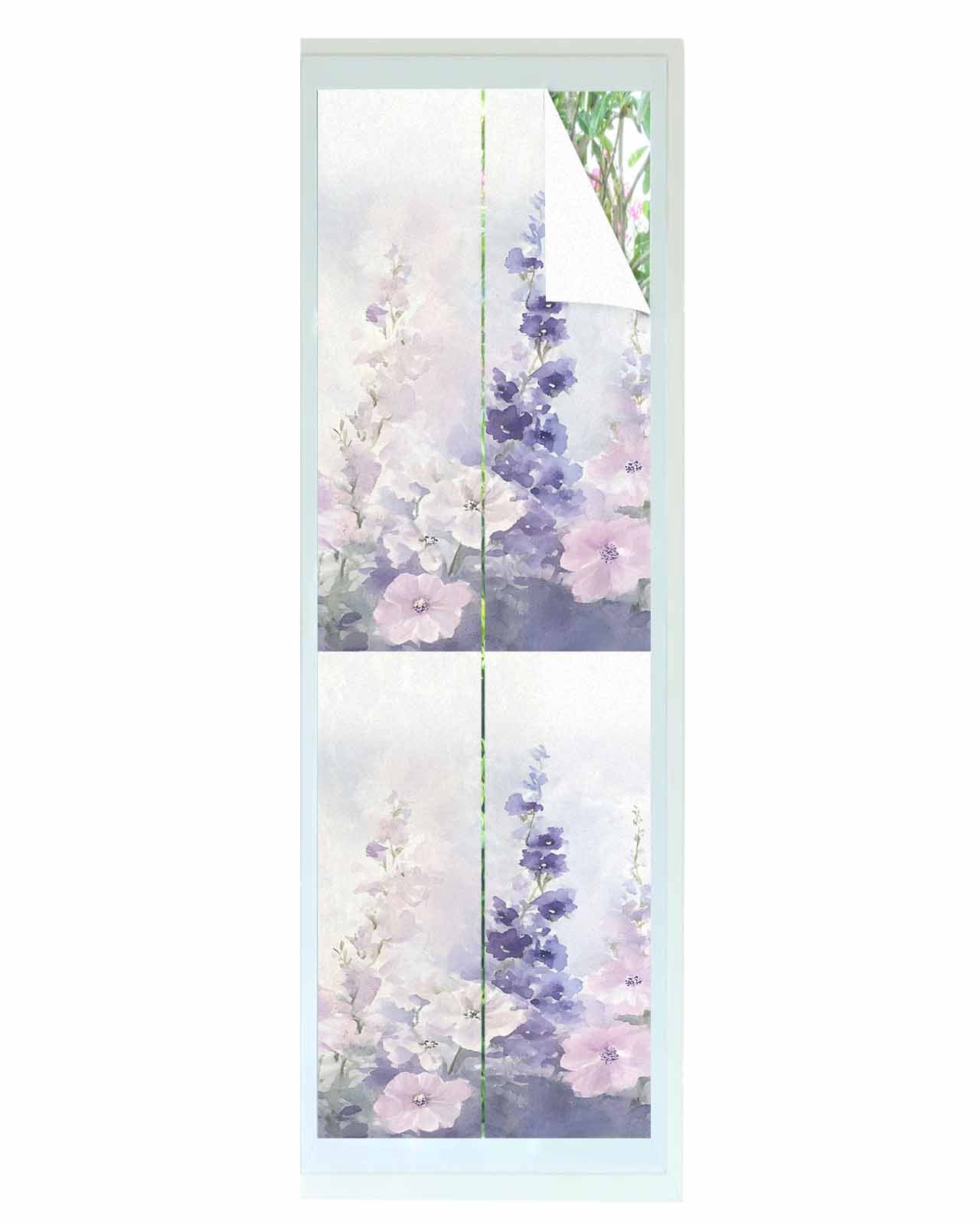 Window Privacy Film Lavender Stained Glass Window Film Decorative Sun Block Window Cover Pastoral Pastel Purple Pink Wildflower Window Clings Static Adhesive Sticker for Bathroom 17.7"x78.7"