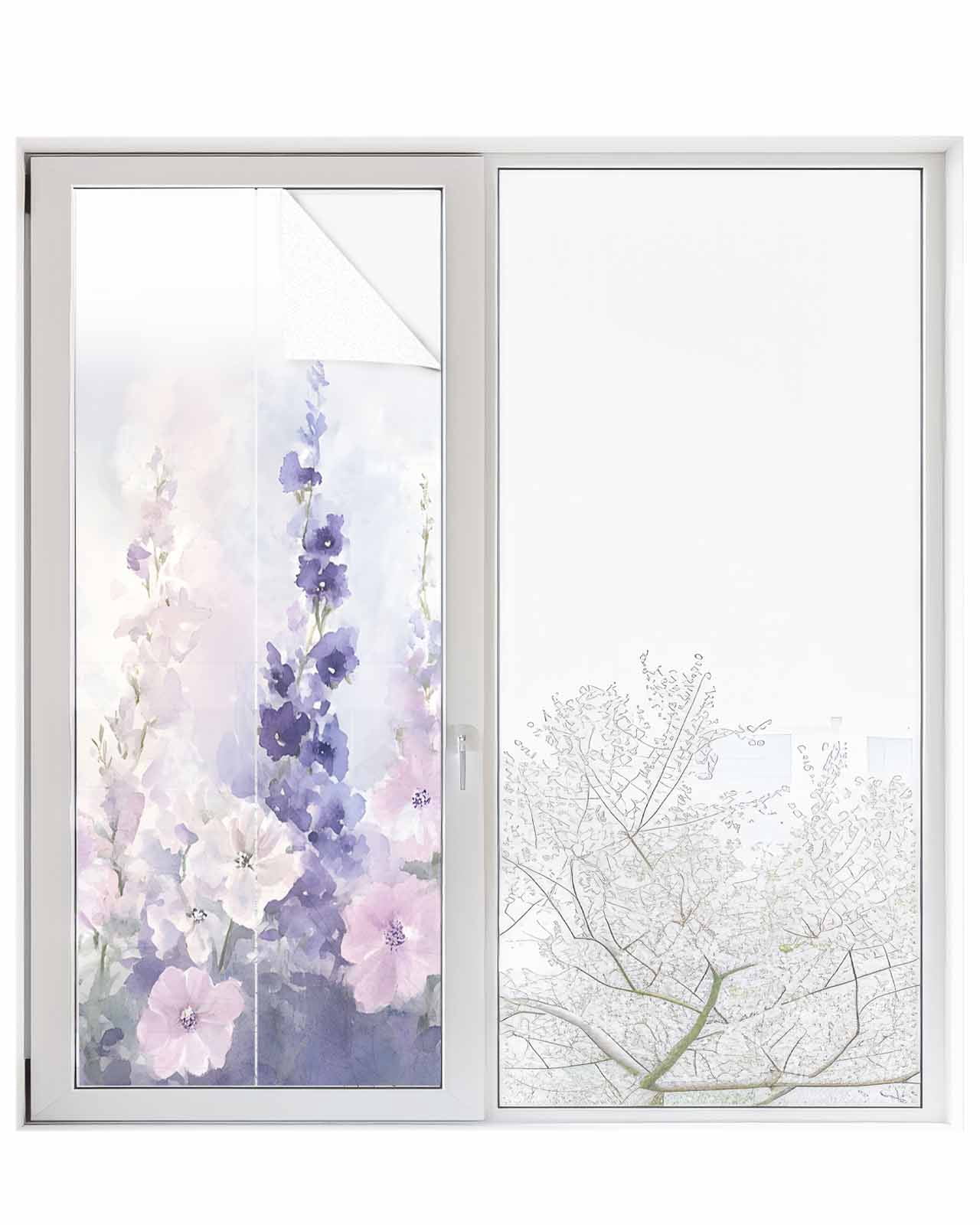 Window Privacy Film Lavender Stained Glass Window Film Decorative Sun Block Window Cover Pastoral Pastel Purple Pink Wildflower Window Clings Static Adhesive Sticker for Bathroom 23.6"x59"