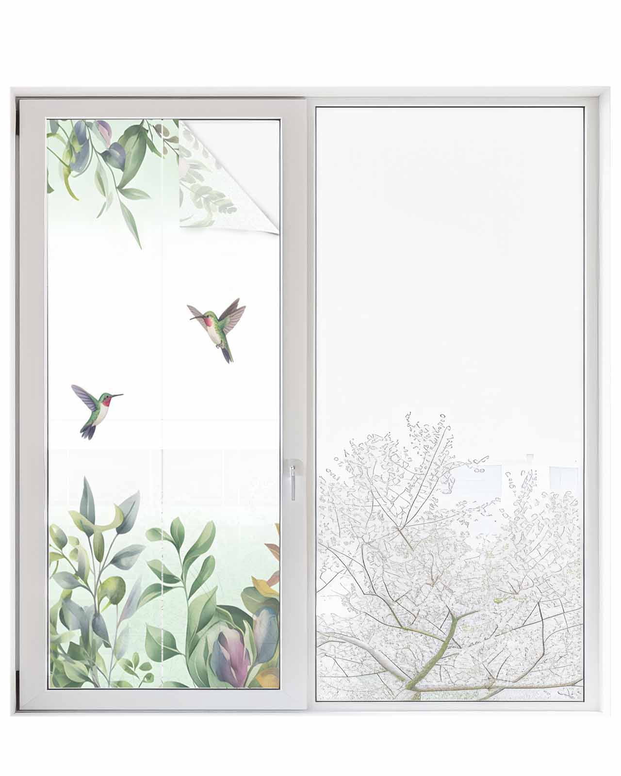 Window Privacy Film Leaf Bird Stained Glass Window Film Decorative Sun Block Window Cover Sage Greeen Botanical Watercolor Plant Window Clings Static Adhesive Sticker for Bathroom 23.6"x59"