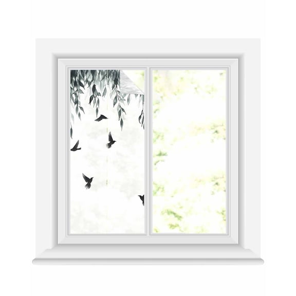 Window Privacy Film Leaf Bird Stained Glass Window Film Decorative Sun Block Window Cover Vine Watercolor Plant Country Style Branch Window Clings Static Adhesive Sticker for Bathroom 17.7"x39.3"