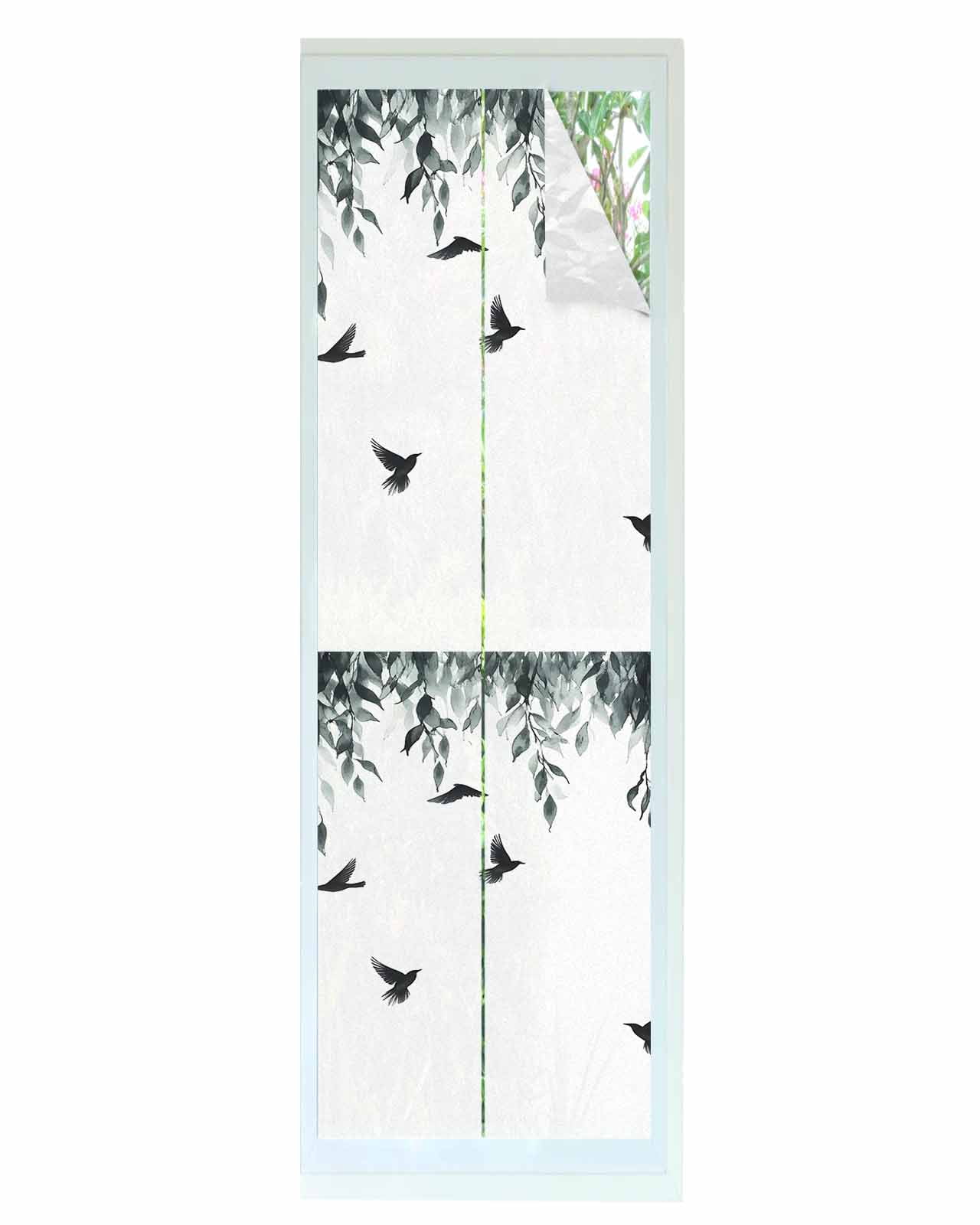 Window Privacy Film Leaf Bird Stained Glass Window Film Decorative Sun Block Window Cover Vine Watercolor Plant Country Style Branch Window Clings Static Adhesive Sticker for Bathroom 29.5"x118"