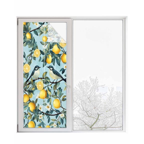 Window Privacy Film Lemon Bird Stained Glass Window Film Decorative Sun Block Window Cover Farmhouse Flowers Plant Leaf Spring Summer Window Clings Static Adhesive Sticker for Bathroom 23.6"x59"