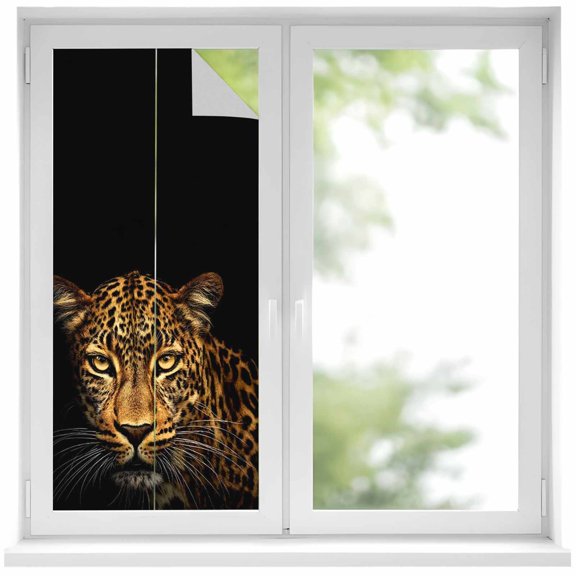 Window Privacy Film Leopard Stained Glass Window Film Decorative Sun Block Window Cover Golden Eyes Animal Spotted Fur Window Clings Static Adhesive Sticker for Bathroom 17.7"x39.3"