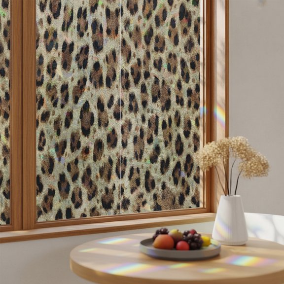 Window Privacy Film, Leopard Wild Stained Glass Rainbow Film Brown Leopard Texture Decorative Window Clings, Static Cling Sun Blocking Stickers For Bathroom Bedroom 23.6"x59"