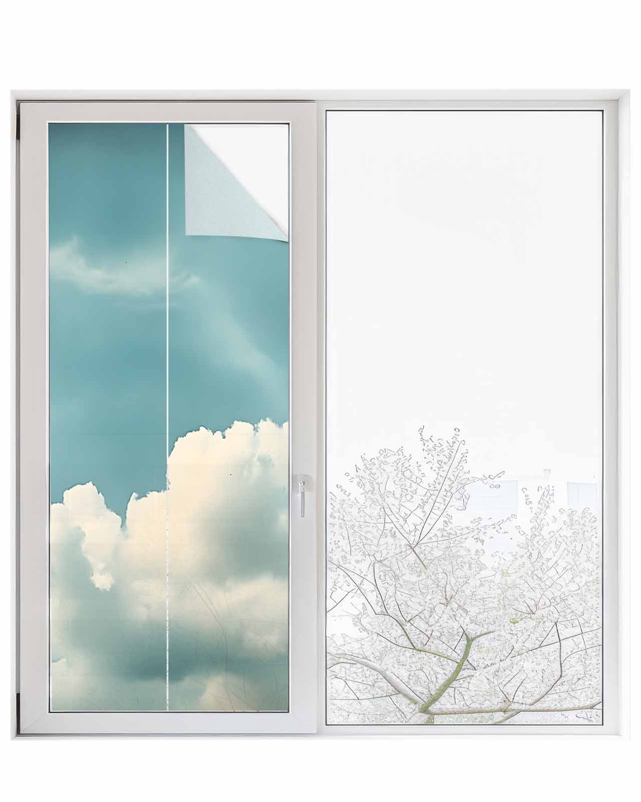 Window Privacy Film Light Blue Cloudy Sky Stained Glass Window Film Decorative Sun Block Window Cover Modern Retro Clouds Scenery Window Clings Static Adhesive Sticker for Bathroom 23.6"x59"