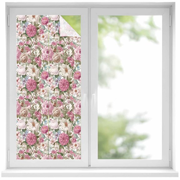 Window Privacy Film Light Pink Spring Floral Stained Glass Window Film Decorative Sun Block Window Cover Vintage Summer Botanical Window Clings Static Adhesive Sticker for Bathroom 19.6"x39.3"