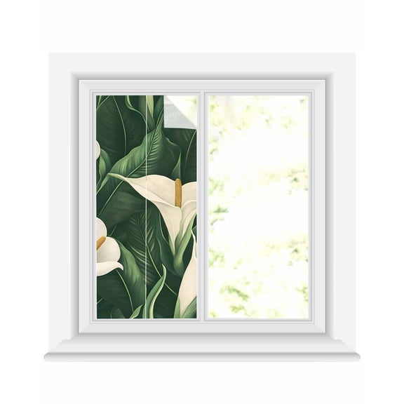 Window Privacy Film Lily Flower Stained Glass Window Film Decorative Sun Block Window Cover Green Nature Summer Leaf Botanicals Floral Window Clings Static Adhesive Sticker for Bathroom 17.7"x39.3"