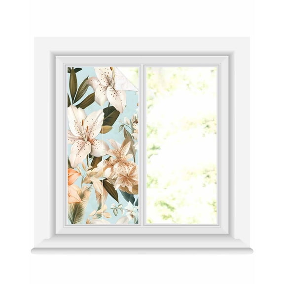 Window Privacy Film Lily Flower Stained Glass Window Film Decorative Sun Block Window Cover Nature Orange White Plant Watercolor Blue Window Clings Static Adhesive Sticker for Bathroom 19.6"x39.3"