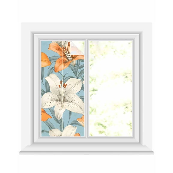 Window Privacy Film Lily Flower Stained Glass Window Film Decorative Sun Block Window Cover White Orange Blooms Floral Watercolor Blue Window Clings Static Adhesive Sticker for Bathroom 17.7"x39.3"