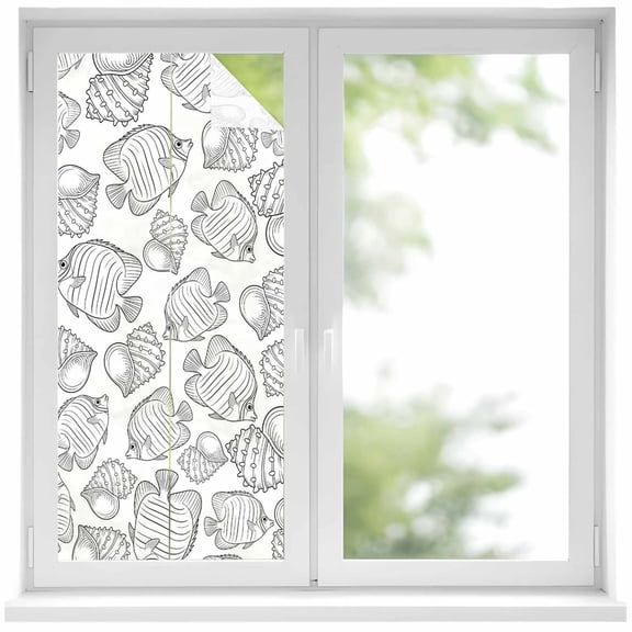 Window Privacy Film Line Drawing Fish Stained Glass Window Film Decorative Sun Block Window Cover Summer Coastal Nautical Shell Window Clings Static Adhesive Sticker for Bathroom 17.7"x39.3"