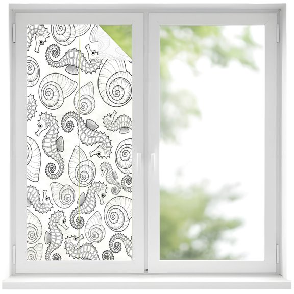 Window Privacy Film Line Drawing Seahorse Stained Glass Window Film Decorative Sun Block Window Cover Summer Coastal Nautical Shell Window Clings Static Adhesive Sticker for Bathroom 19.6"x39.3"