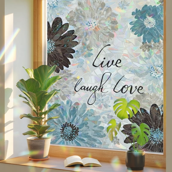 Window Privacy Film Live Love Laugh Words Stained Glass Static Cling 18x39inch, Country Blue Brown Floral Rainbow Window Film Glass Sticker for Bathroom Bedroom Home