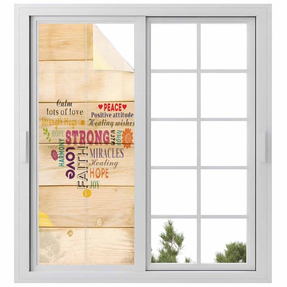 Window Privacy Film Love Peace Text Stained Glass Window Film Decorative Sun Block Window Cover Farmhouse Inspirational Quotes Wooden Window Clings Static Adhesive Sticker for Bathroom 23.6"x59"