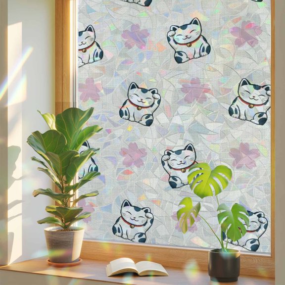 Window Privacy Film Lucky Cat Stained Glass Window Film Cherry Blossoms Japanese Style Linen Rainbow Static Window Clings for Glass Windows Home Bathroom Living Room Office Door Sticker 17.7"39.3"