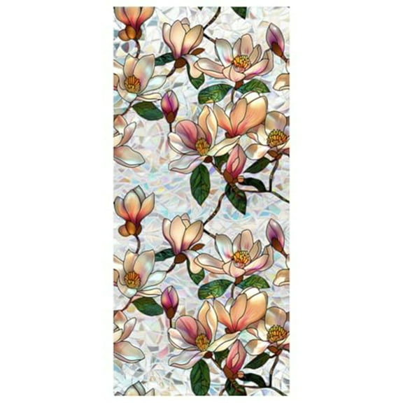 Window Privacy Film, Magnolia Stained Glass Window Clings Holographic Prism Bathroom Decorative Stickers Home Window Tint Sun Blocking Static Cling Door Covering 16.93" x 39.37 "