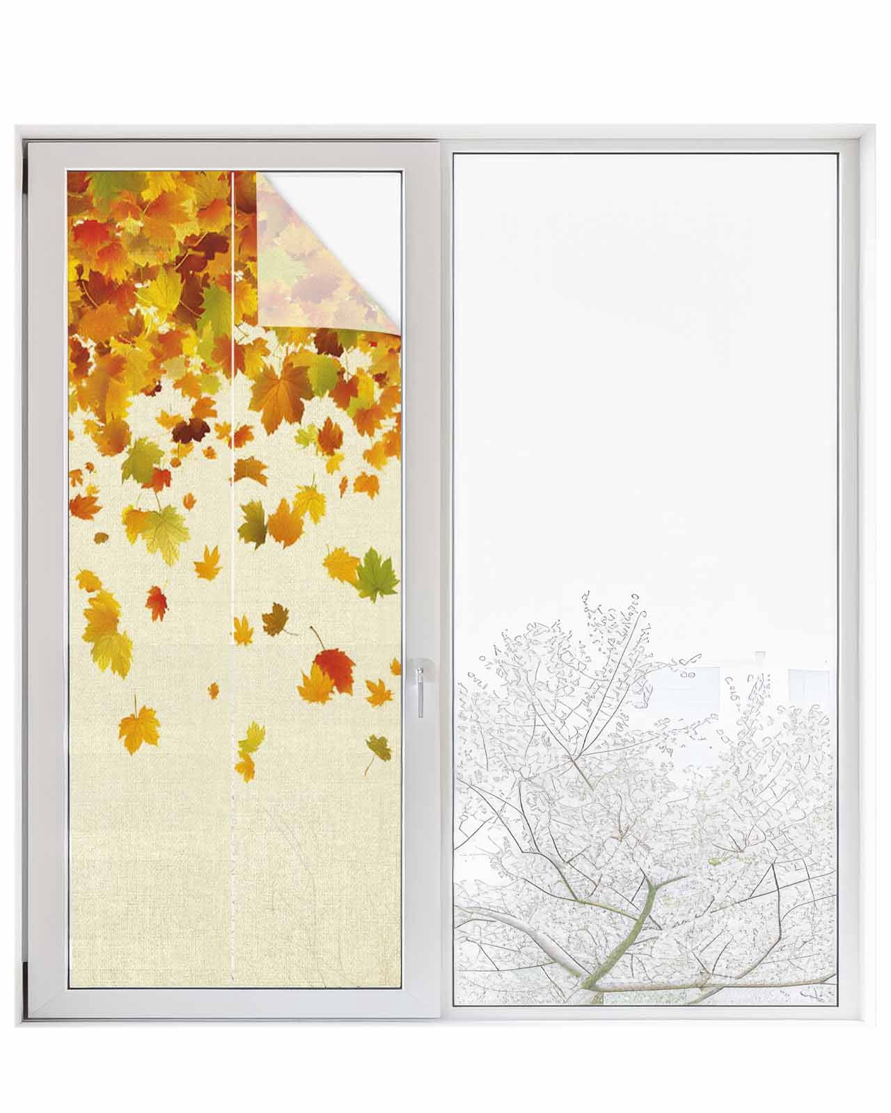 Window Privacy Film Maple Leaf Fall Stained Glass Window Film Decorative Sun Block Window Cover Thanksgiving Fallen Leaves Autumn Rustic Window Clings Static Adhesive Sticker for Bathroom 23.6"x59"