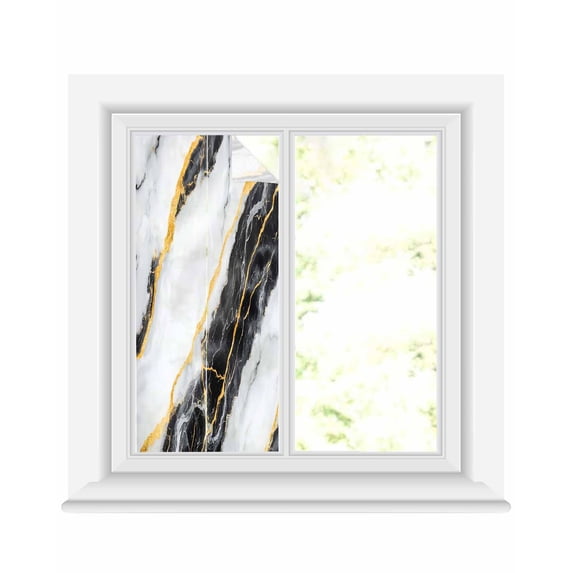 Window Privacy Film Marble Black Stained Glass Window Film Decorative Sun Block Window Cover Gold Foil Ceramic Style Cracks Scratches Window Clings Static Adhesive Sticker for Bathroom 17.7"x39.3"