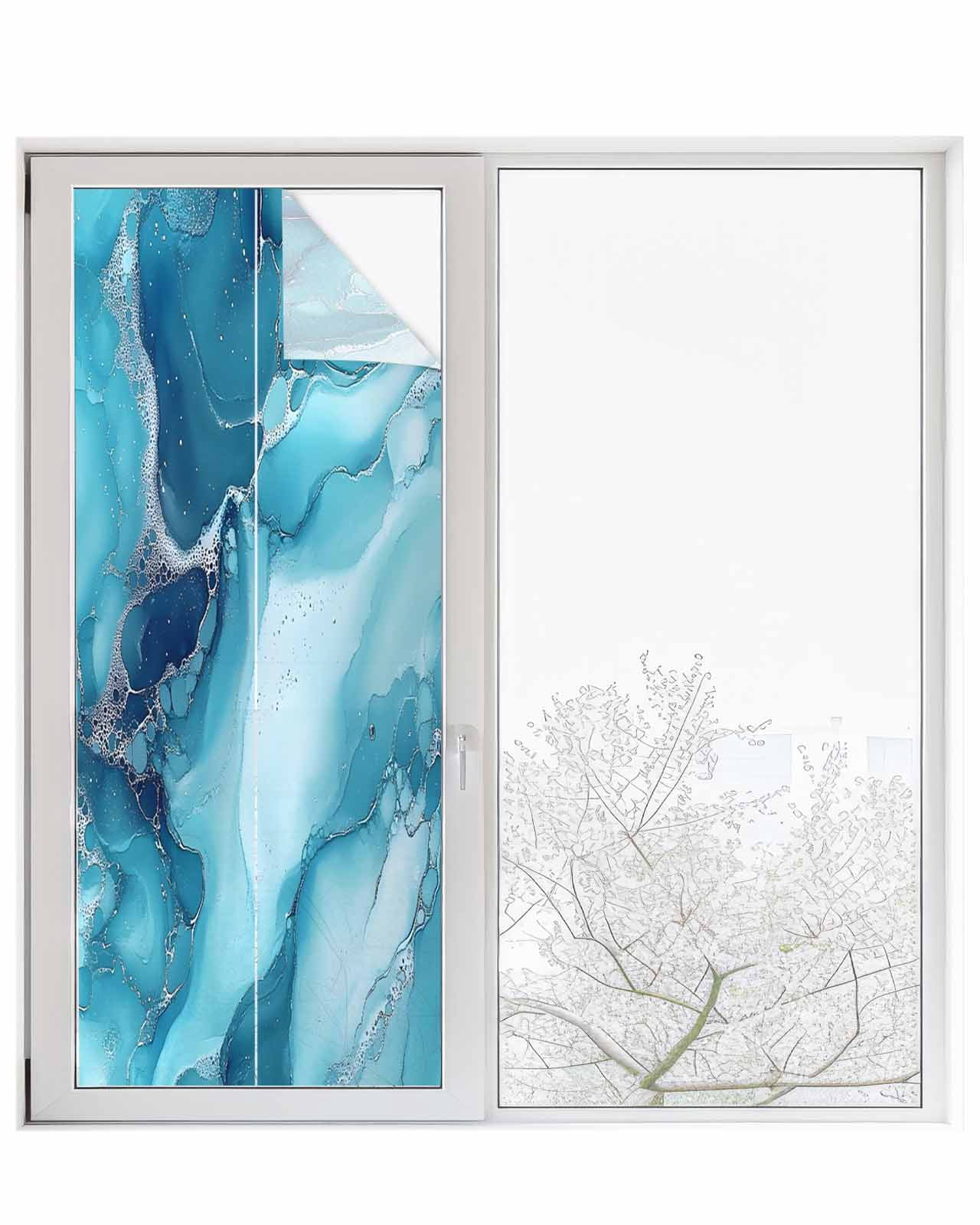 Window Privacy Film Blue Teal Marble Stained Glass Window Film Decorative Sun Block Window Cover Aesthetics Modernism Abstract Window Clings Static Adhesive Sticker for Bathroom 23.6"x59"