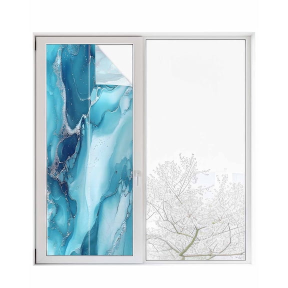 Window Privacy Film Blue Teal Marble Stained Glass Window Film Decorative Sun Block Window Cover Aesthetics Modernism Abstract Window Clings Static Adhesive Sticker for Bathroom 23.6"x59"