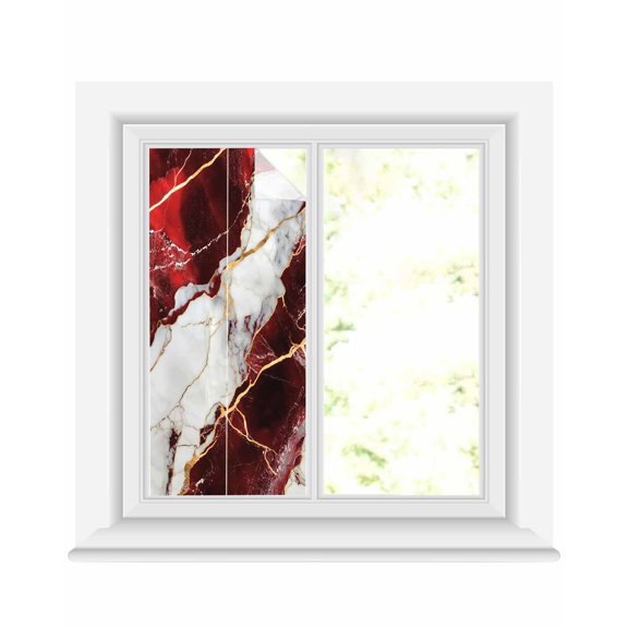 Window Privacy Film Marble Red Stained Glass Window Film Decorative Sun Block Window Cover Modern Abstract Gold White Brick Stone Motif Window Clings Static Adhesive Sticker for Bathroom 19.6"x39.3"