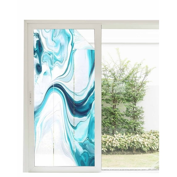 Window Privacy Film Marble Ripple Stained Glass Window Film Decorative Sun Block Window Cover Blue White Marble Lines Abstract Art Window Clings Static Adhesive Sticker for Bathroom 35.4"x78.7"
