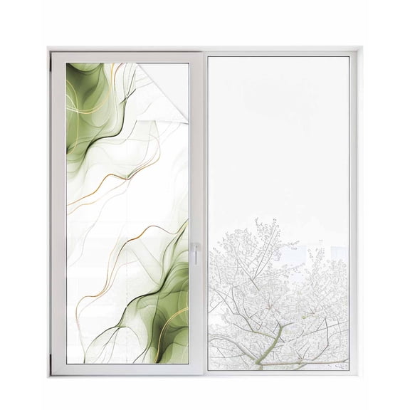 Window Privacy Film Marble Sage Green Stained Glass Window Film Decorative Sun Block Window Cover Gold White Modern Gradient Ocean Wavy Window Clings Static Adhesive Sticker for Bathroom 23.6"x59"