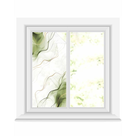 Window Privacy Film Marble Sage Green Stained Glass Window Film Decorative Sun Block Window Cover Gold White Modern Gradient Ocean Wavy Window Clings Static Adhesive Sticker for Bathroom 17.7"x39.3"