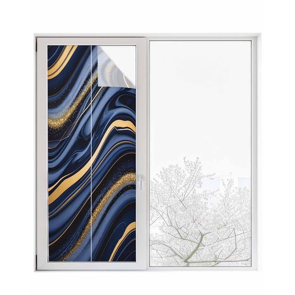 Window Privacy Film Marble Stained Glass Window Film Decorative Sun Block Window Cover Navy Blue Modern Abstract Gold Gradual Art Window Clings Static Adhesive Sticker for Bathroom 23.6"x59"