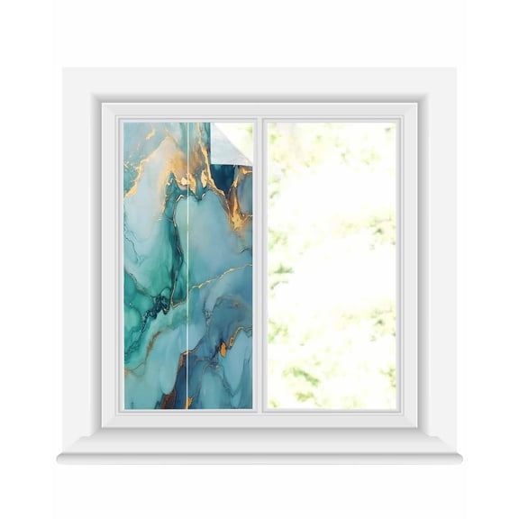 Window Privacy Film Marble Teal Stained Glass Window Film Decorative Sun Block Window Cover Luxury Golden Modern Abstract Art Window Clings Static Adhesive Sticker for Bathroom 17.7"x39.3"
