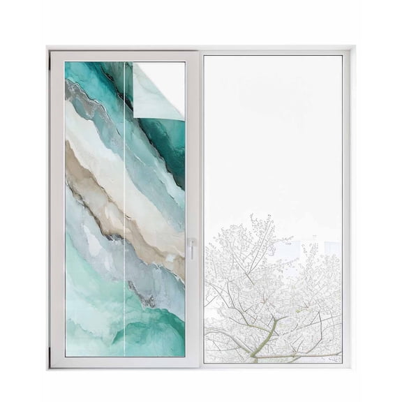 Window Privacy Film Marble Turquoise Stained Glass Window Film Decorative Sun Block Window Cover Country Ombre Brown Nature Cracks Window Clings Static Adhesive Sticker for Bathroom 23.6"x59"