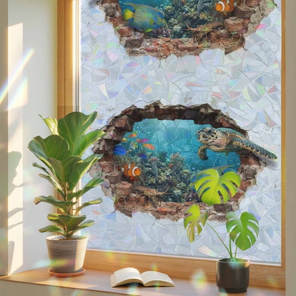 Window Privacy Film Marine Life Stained Glass Window Film Broken Wall Tropical Fish Turtle Rainbow Static Window Clings for Glass Windows Home Bathroom Living Room Office Door Sticker 17.7"39.3"