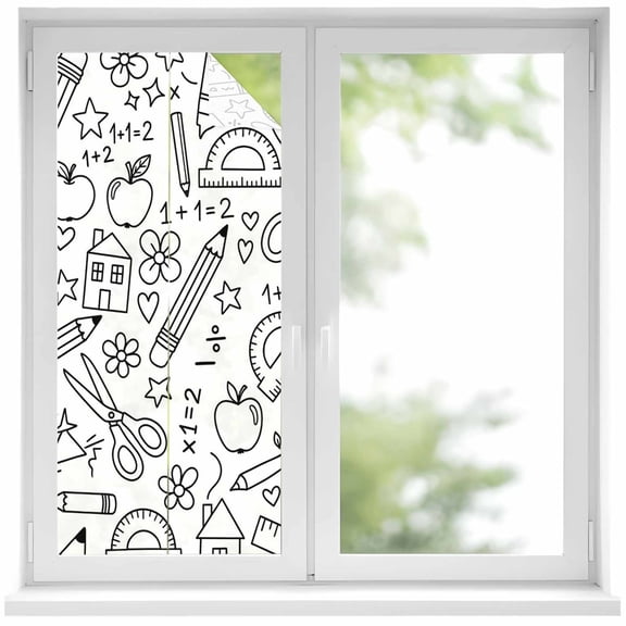 Window Privacy Film Mathematics Tools Sketch Stained Glass Window Film Decorative Sun Block Window Cover White Modern Abstract Icons Window Clings Static Adhesive Sticker for Bathroom 19.6"x39.3"