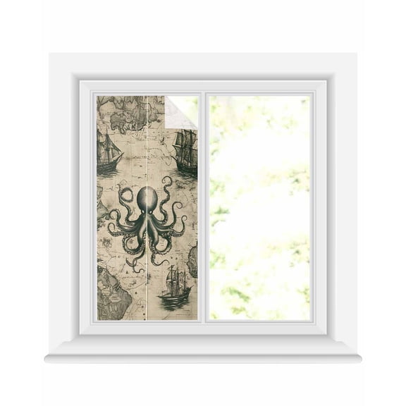 Window Privacy Film Medieval Octopus Stained Glass Window Film Decorative Sun Block Window Cover Vintage Nautical Boat Retro Map Window Clings Static Adhesive Sticker for Bathroom 17.7"x39.3"