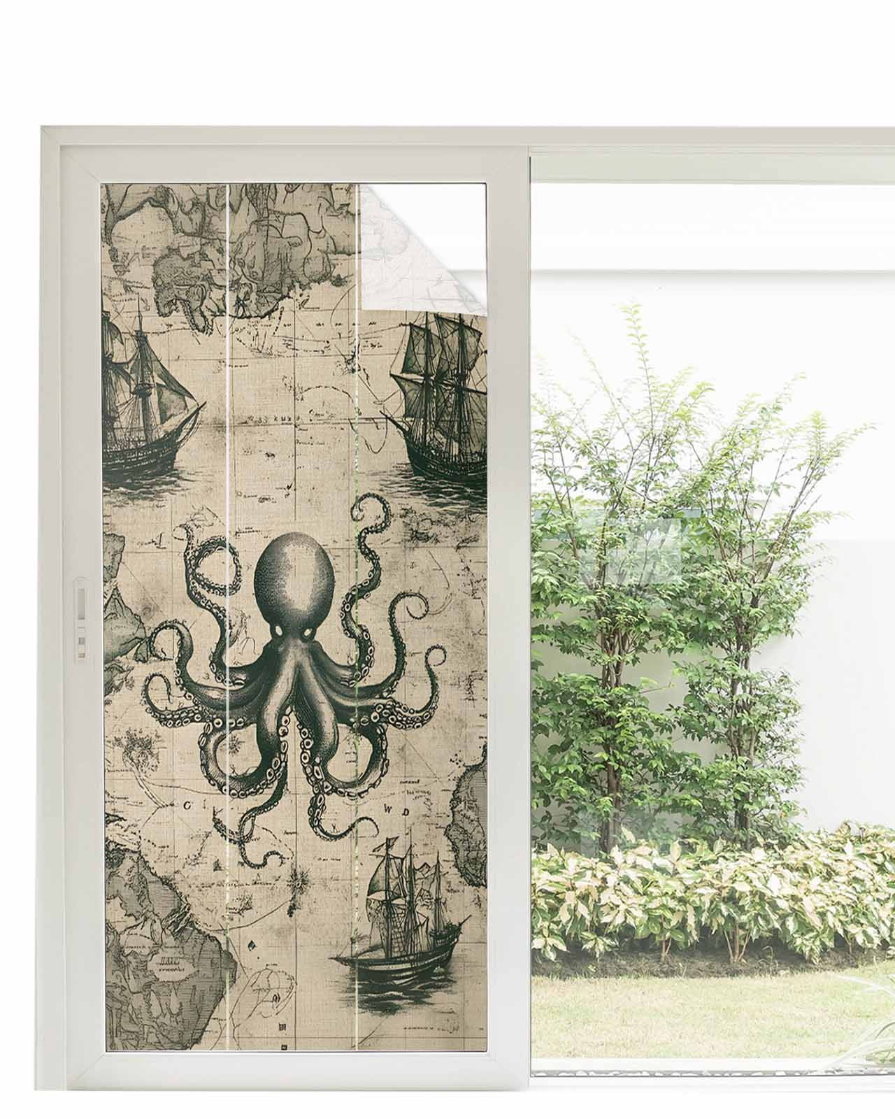 Window Privacy Film Medieval Octopus Stained Glass Window Film Decorative Sun Block Window Cover Vintage Nautical Boat Retro Map Window Clings Static Adhesive Sticker for Bathroom 35.4"x78.7"