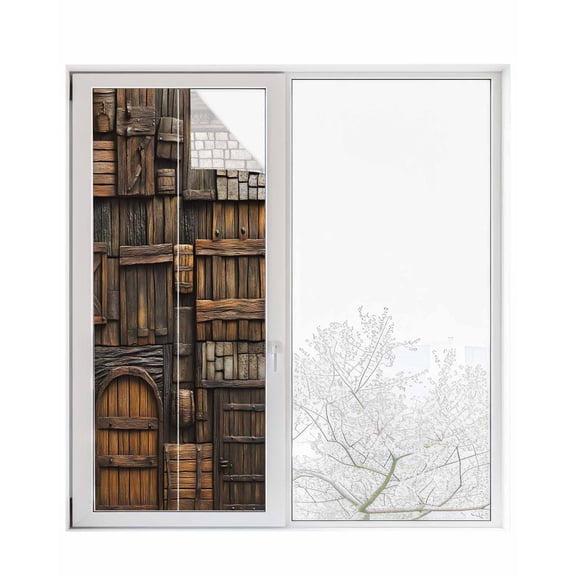 Window Privacy Film Medieval Stained Glass Window Film Decorative Sun Block Window Cover Old Farmhouse Vintage Wood Cabin Country Window Clings Static Adhesive Sticker for Bathroom 23.6"x59"