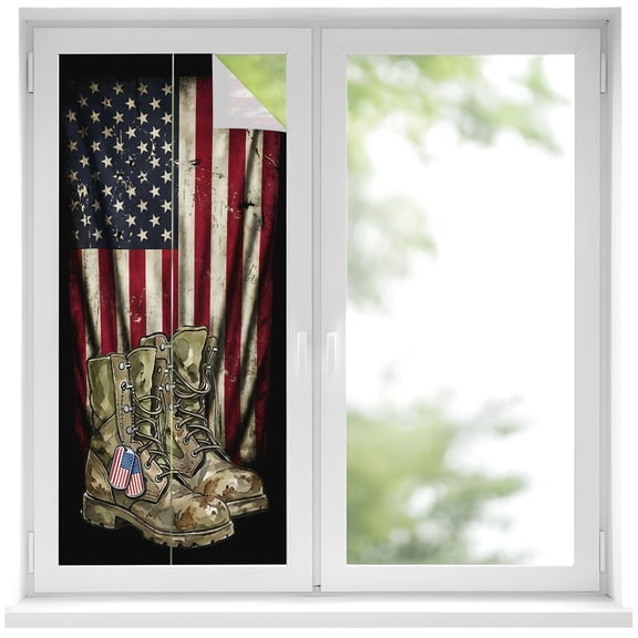 Window Privacy Film Memorial Day Stained Glass Window Film Decorative Window Cover Military USA Flag Patriotic Distressed Boots Window Clings Static Adhesive Sticker for Bathroom 17.7"x39.3"