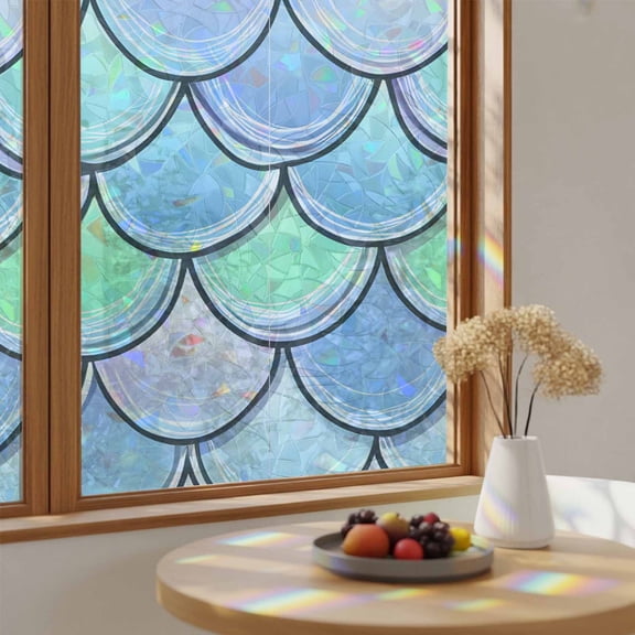 Window Privacy Film, Mermaid Tail Backdrop Stained Glass Rainbow Film Fish Scale Decorative Window Clings, Static Cling Sun Blocking Stickers For Bathroom Bedroom 29.5"x118"