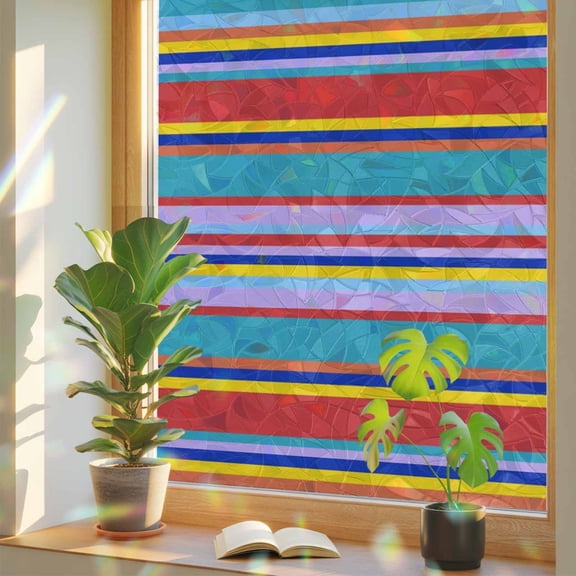 Window Privacy Film Mexican Serape Colorful Stripes Stained Glass Window Film Boho Style Striped Static Window Clings for Glass Windows Home Bathroom Living Room Office Door Sticker 17.7"39.3"