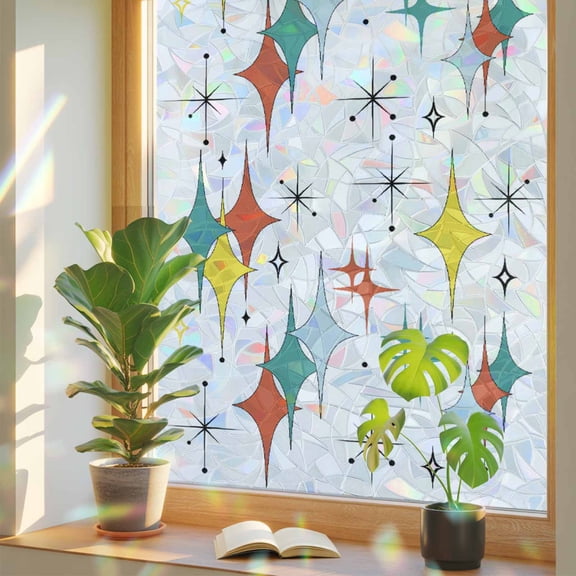 Window Privacy Film Mid Century Geometric Stained Glass Window Film Modern Teal Orange Yellow Rainbow Static Window Clings for Glass Windows Home Bathroom Living Room Office Door Sticker 17.7"39.3"